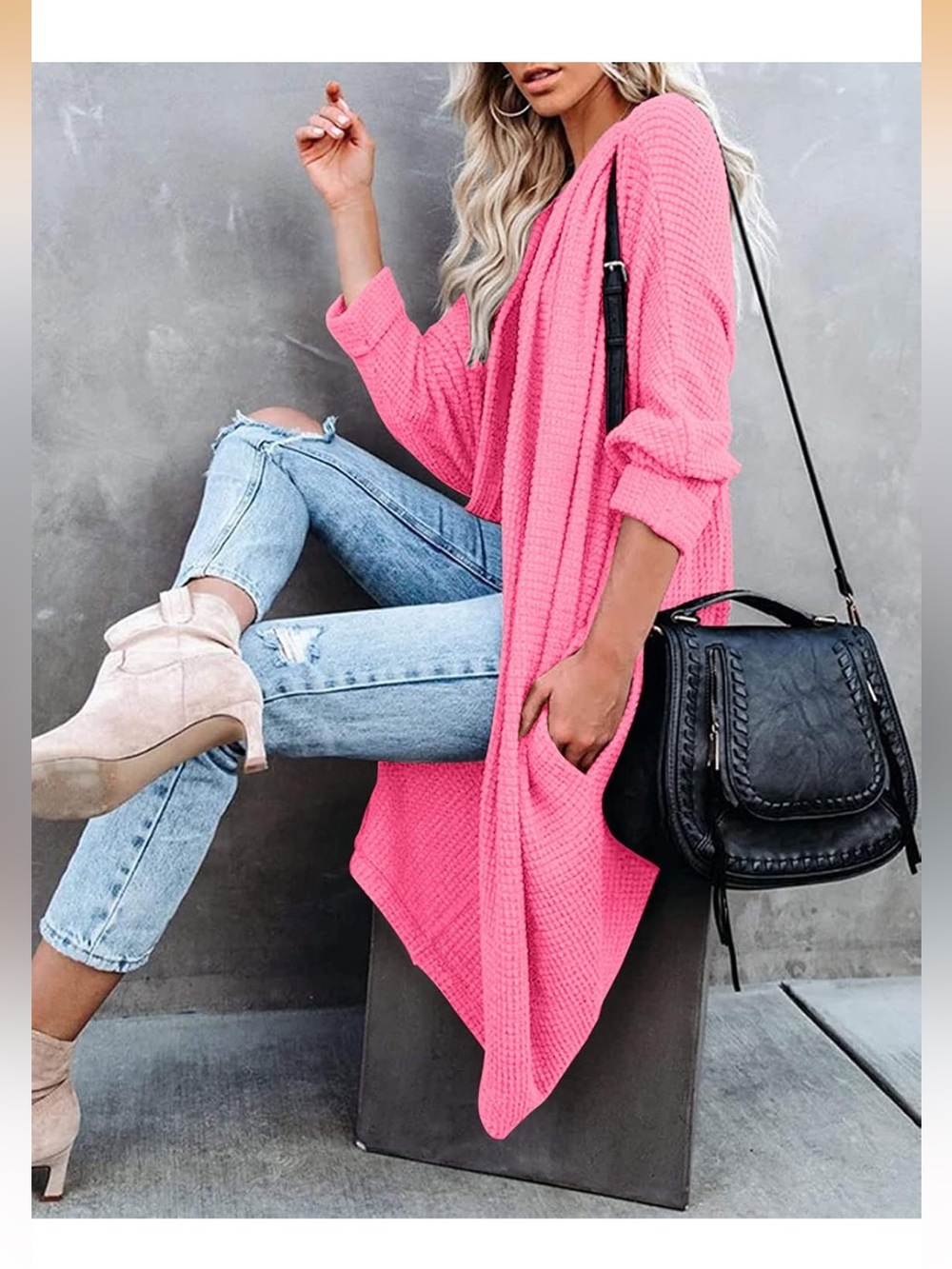 Hot Pink Waffle-Knit Open Cardigan Sweater Sz M - Picture 3 of 6